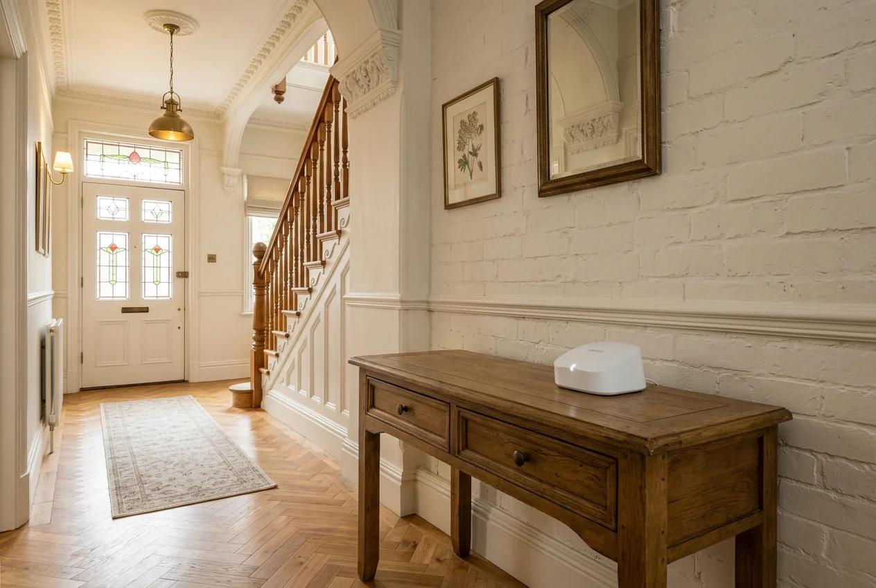 Solid interior wall in a Stockport property showing Cat6a data cable penetration for mesh Wi-Fi