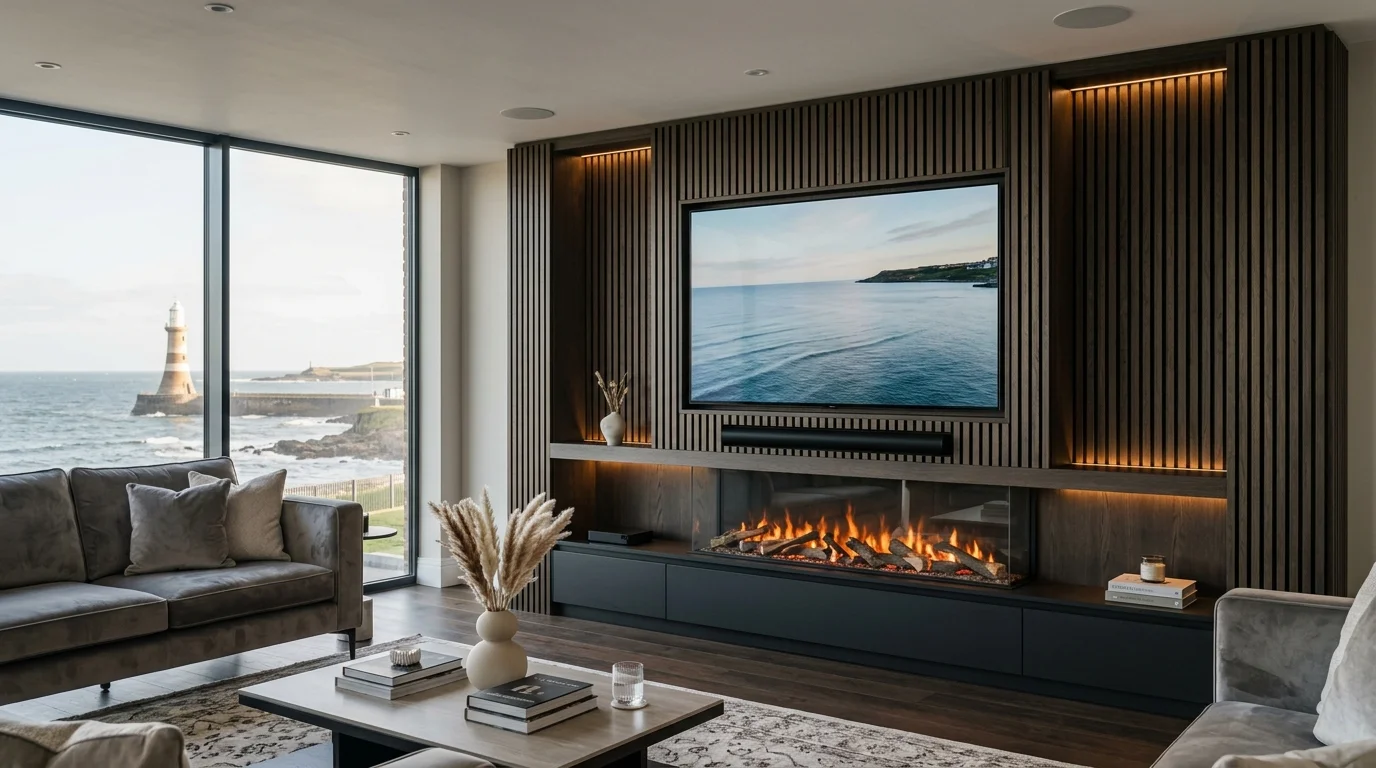 Luxury Acoustic Media Wall TV Installation in Sunderland with Recessed OLED Display