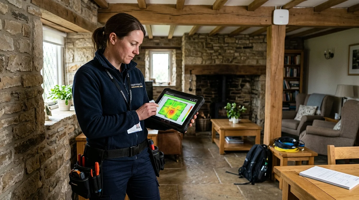 Network engineer conducting on-site RF spectrum survey and 3D signal heatmap in a Sunderland property