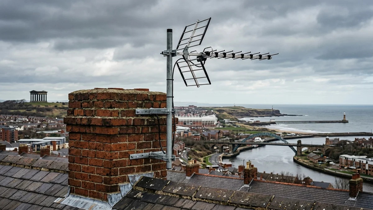 Professional digital TV aerial installation in Sunderland with high-gain benchmark aerial and heavy-duty storm bracket
