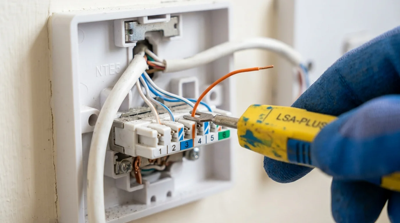 Engineer using Krone LSA tool disconnecting obsolete bell wire pin 3 to eliminate RF crackles