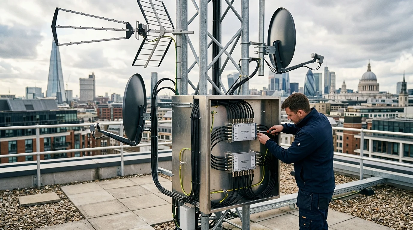 Rooftop chimney mounted TV aerial clearing roofline