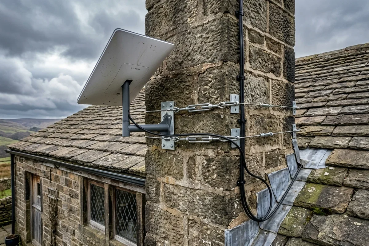 Starlink dish on roof in Uppermill on brick chimney with non-drill lashing cradle overlooking town
