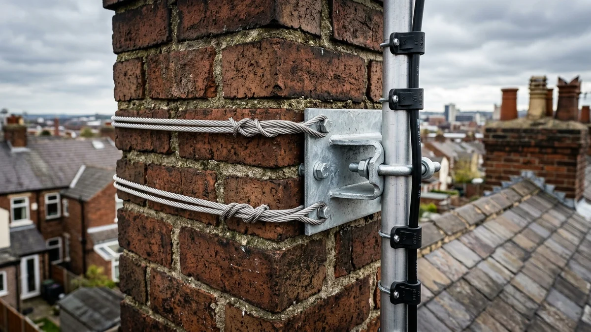 Double stainless steel chimney lashing cradle and Pennine bracket in Walton