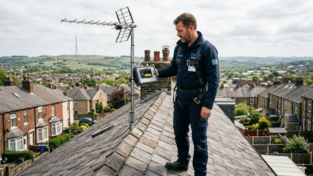 TV aerial engineer testing signal levels with spectrum analyzer in Walton