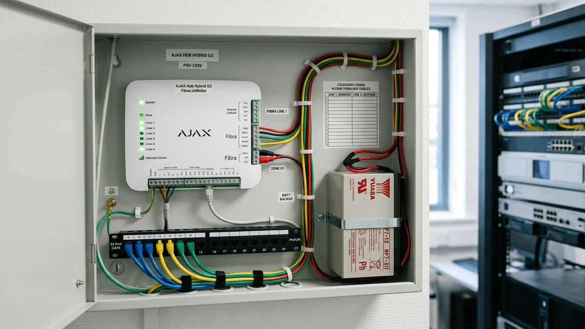 Commercial communications rack housing Ajax Hub Hybrid with neatly laced 4-core bus lines in Warrington