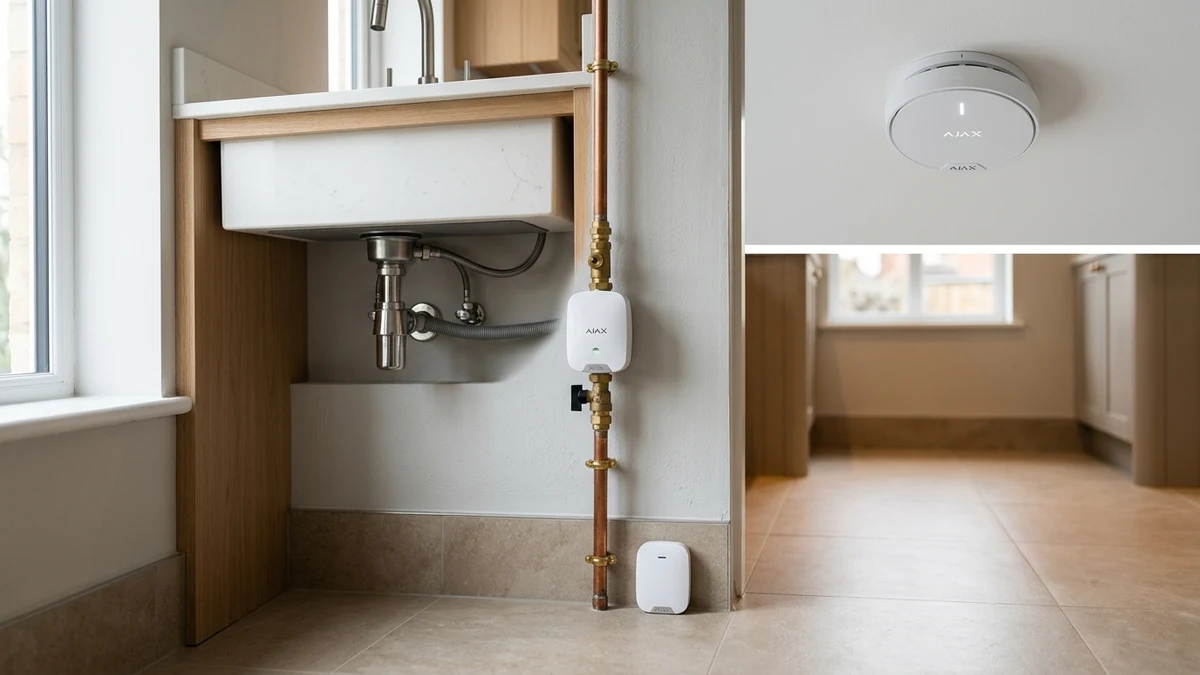 Ajax FireProtect 2 ceiling smoke detector and WaterStop electric smart shutoff valve installed cleanly on copper plumbing in a Warrington home