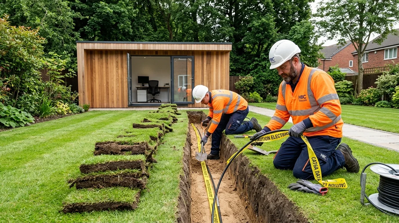Armoured network cable trenching to garden office in Warrington