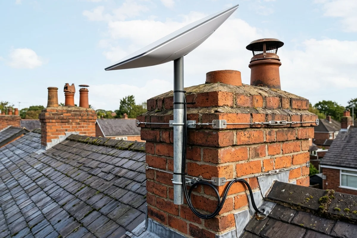 Starlink dish mounted securely on chimney in Warrington