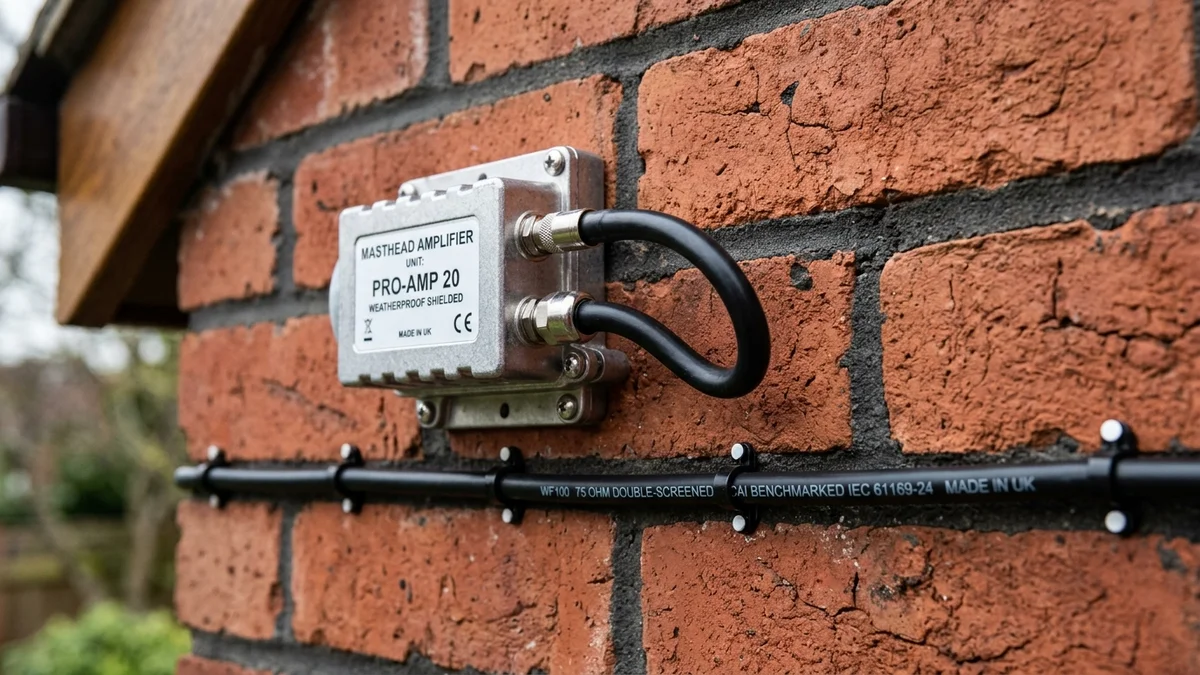 Weatherproof shielded masthead amplifier and WF100 coaxial cabling on exterior Cheshire brickwork in Warrington