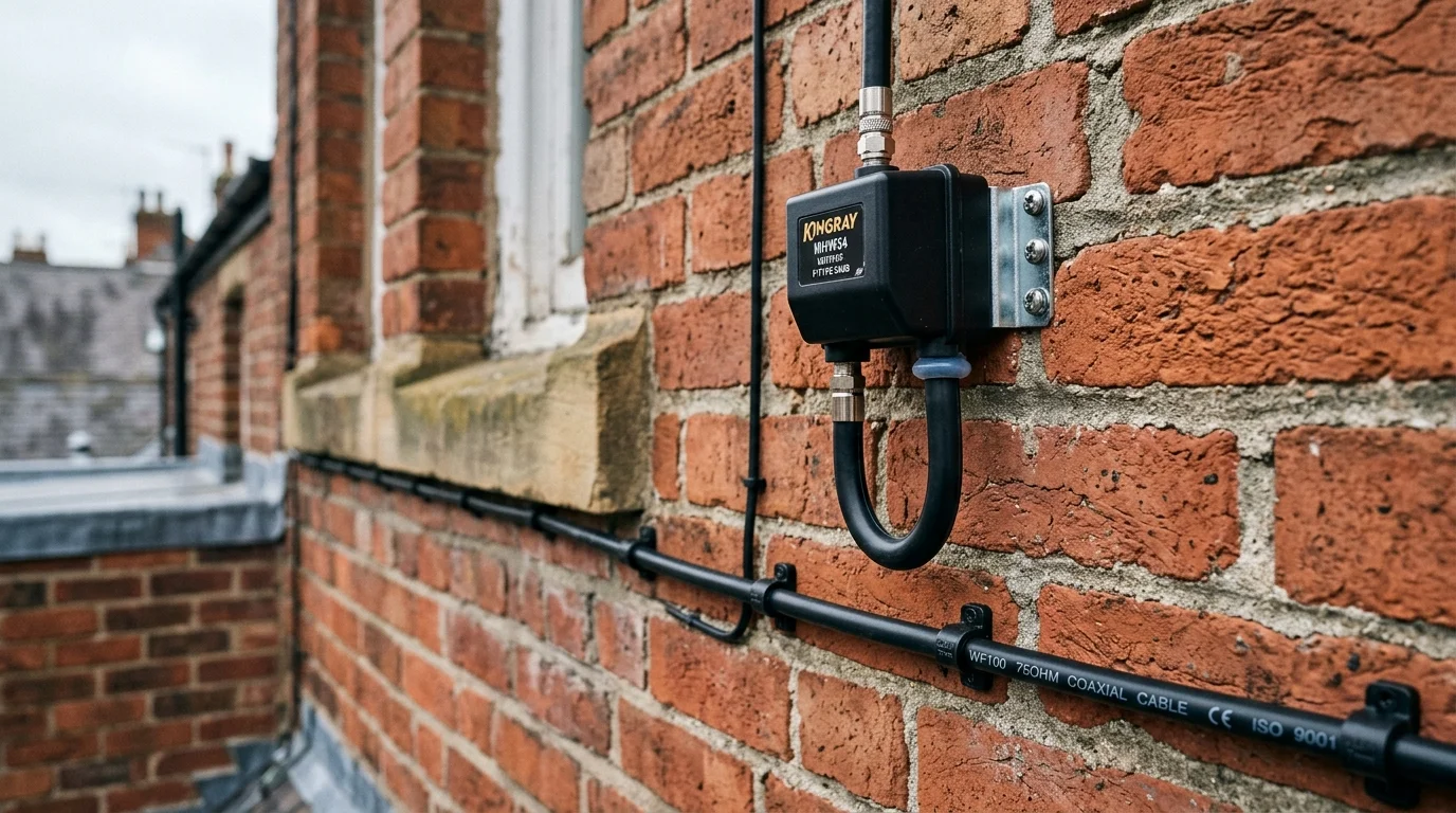 Neatly clipped UV-resistant Cat6a solid copper cable installation along mortar joints in Warrington