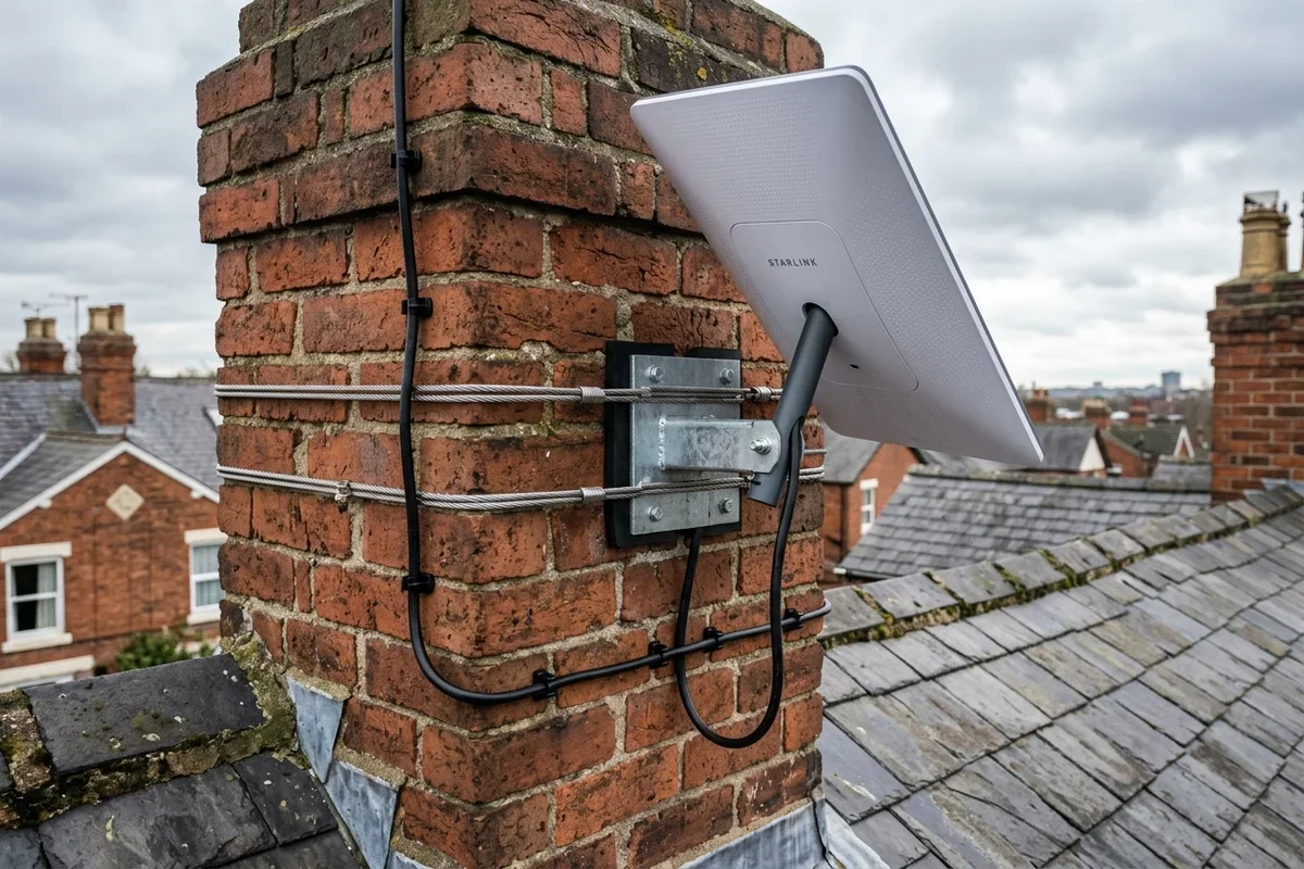 Starlink dish on roof in West Bridgford on brick chimney with non-drill lashing cradle overlooking town