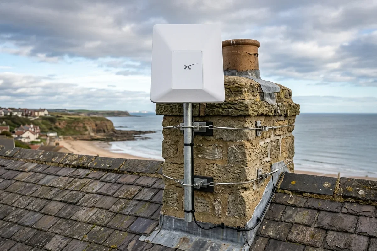 Starlink dish mounted securely on chimney in Whitburn