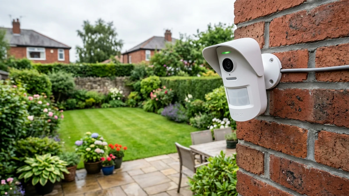 Ajax MotionCam Outdoor mounted on exterior brickwork monitoring a Wigan residential driveway