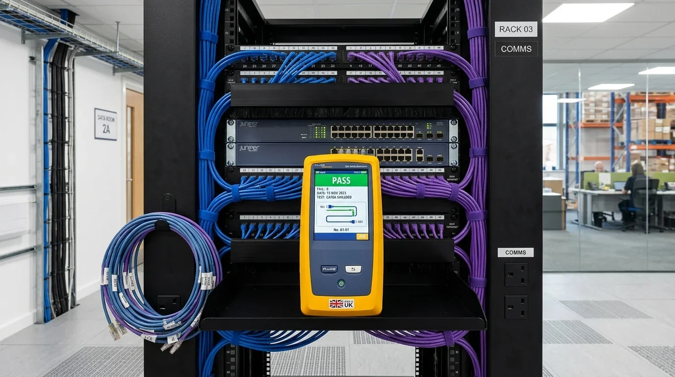 Commercial server rack and patch panel cabling installation in Wigan