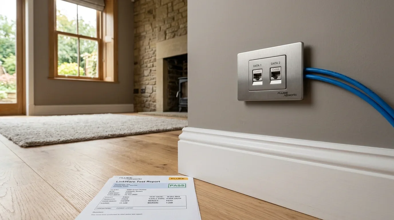 Domestic home network cabling with clean flush-mounted Ethernet wall sockets in a Wigan home