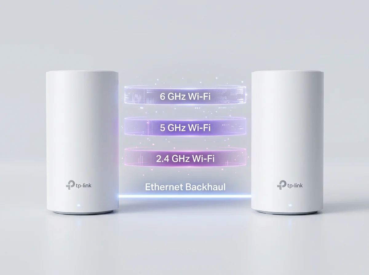 TP-Link Deco WiFi 6 desktop mesh node installation on furniture in a Wigan semi-detached home