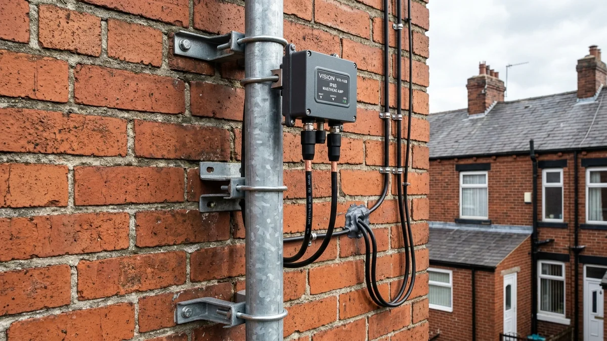 Weatherproof shielded masthead amplifier and WF100 coaxial cabling on exterior brickwork in Wigan