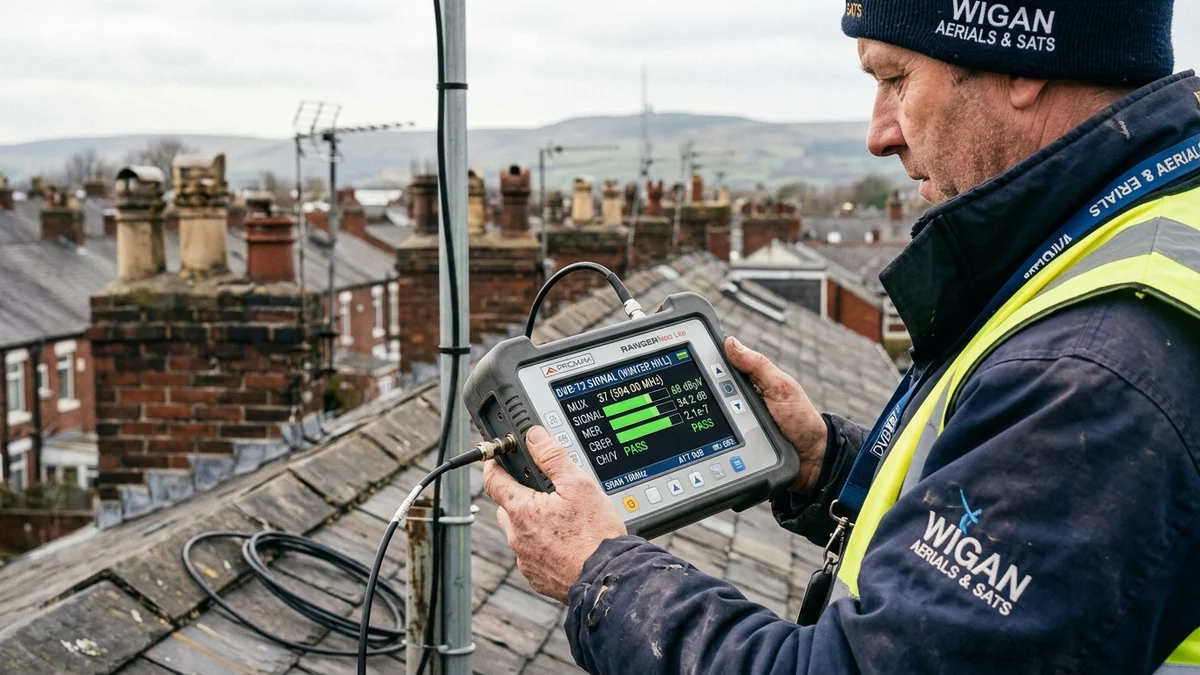 Aerial engineer using spectrum analyzer meter on Wigan rooftop testing Winter Hill UHF signal strength