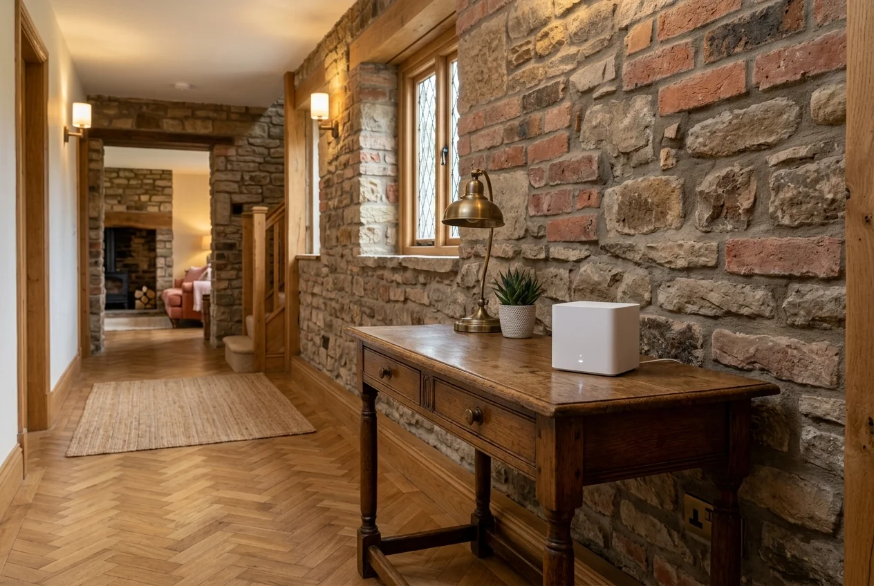 Solid interior wall in a Wigan property showing Cat6a data cable penetration for mesh Wi-Fi