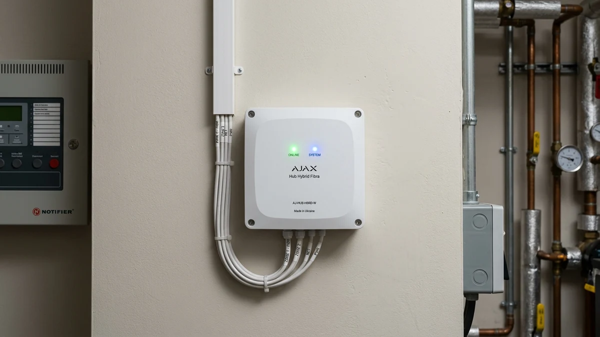 Commercial communications rack housing Ajax Hub Hybrid with neatly laced 4-core bus lines in York