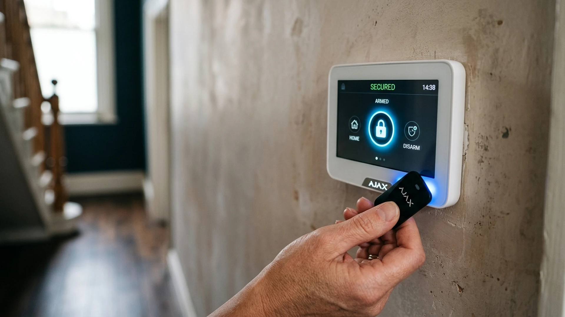 Ajax MotionCam Outdoor wireless detector mounted on weathered North York red brick exterior wall in York