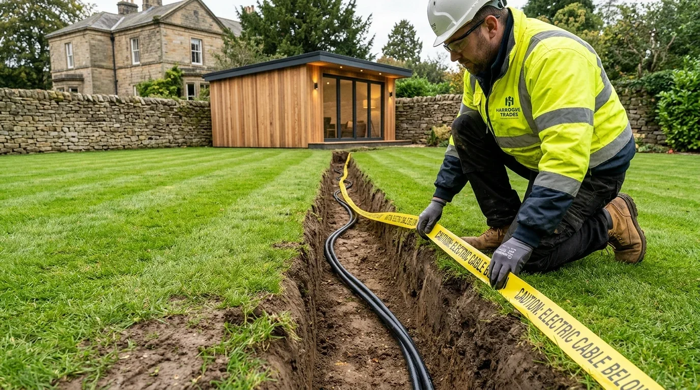 Armoured network cable trenching to garden office in York