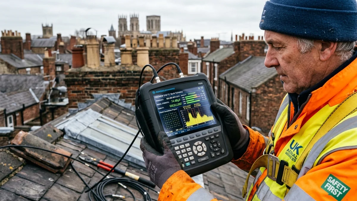 Engineer checking Freeview signal levels on handheld spectrum analyzer meter on a York rooftop